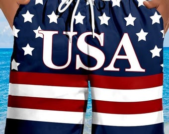 4th of July USA Flag Men Swim Shorts Patriotic American Beach Shorts Quick Dry Summer Swim Trunks Pool Shorts Men's Beachwear