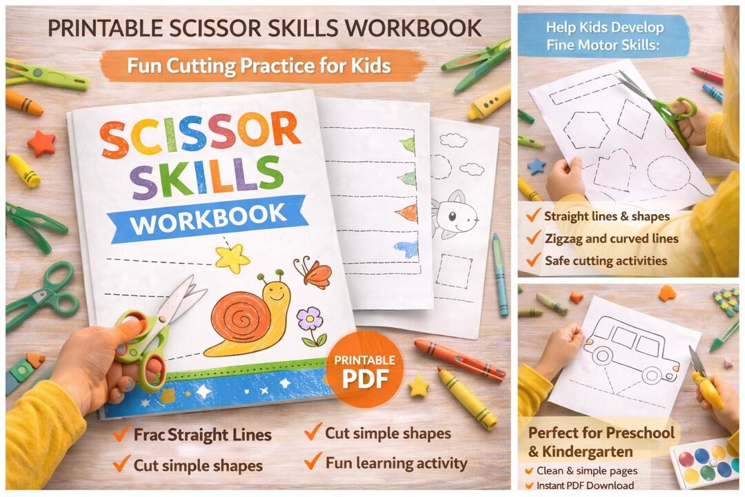 Scissor Skills Workbook for Kids Printable, Preschool Cutting Practice ...