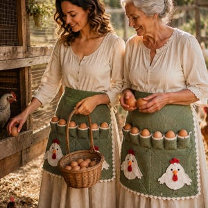 Op de afbeelding: Twee personen dragen beige blouses met lange mouwen en saliegroene gebreide schorten met geïntegreerde zakken voor eieren. De schorten zijn versierd met witte gehaakte kippenmotieven en een witte schulprand. Eén persoon houdt een rieten mand vast.