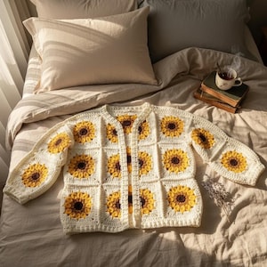 Peut inclure: Un cardigan en crochet de couleur crème avec un motif de tournesol. Le cardigan présente un motif carré avec des tournesols jaunes et bruns. Le pull à manches longues est présenté sur un lit avec des oreillers et une couverture.
