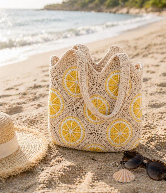 Crochet Lemon Bag Pattern PDF, Granny Square Tote Bag, Summer Crochet Bag, Citrus Fruit Bag Pattern, Boho Shoulder Bag, Instant Download