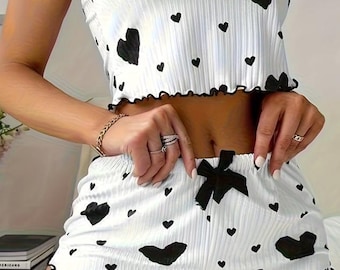 Heart Print Pajama Set Women, Cute Cami and Shorts Sleepwear, Valentine Pajamas, Soft Loungewear Set, Romantic Gift for Her