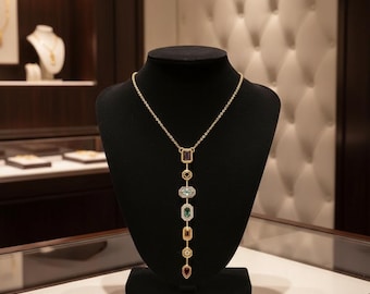 Gold Plated Chakra Stone Pendant Necklace, 7 Chakra Healing Necklace, Boho Spiritual Jewelry, Colorful Gemstone Y Necklace Gift for Her