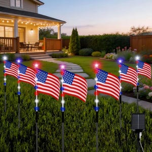 Luces solares con forma de bandera estadounidense para exteriores, 7 unidades, luces para caminos de jardín, impermeables, decoraciones para el 4 de julio y el Día de los Caídos, luces solares para el jardín.