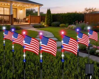 Solar American Flag Lights Outdoor 6 PCS Garden Path Lights Waterproof 4th of July Decorations Memorial Day Yard Decor Solar Lights