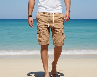 Marineblauwe cargo shorts voor heren met 6 zakken, lichtgewicht zomerse strandshorts, casual shorts voor de sportschool of workout, met trekkoord.