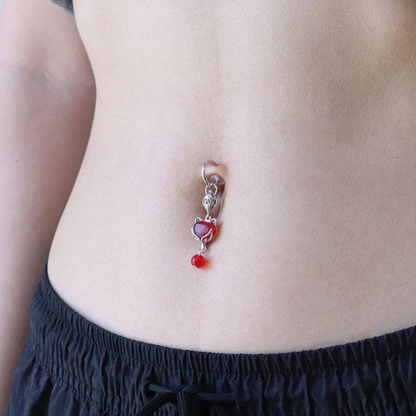 Fox Fake Belly Button Ring | No Pierce Fox Dangle Belly Ring | Garnet Belly Clip Jewelry | Faux Navel Ring