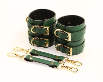 Green Leather Wrist Ankle Cuffs, BDSM Bondage Restraints of Leather Handcuffs Shackles