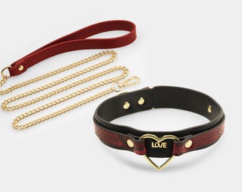Red Snakeskin Leather Choker with Gold Chain Leash - Heart Love Collar Necklace