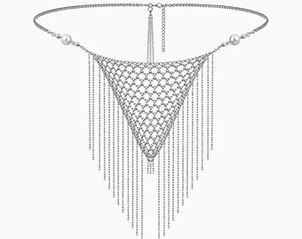 Crotchless Chain Panties, Silver Fringe Lingerie, Handmade Pearl Body Chain, Adjustable G String