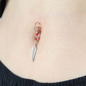 Red Opal Feather Dangle Faux Belly Ring: Adjustable Clip On Jewelry