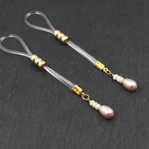 Pink Pearl Nipple Noose Jewelry | Adjustable Non Piercing Nipple Clips on | Fake Nipple Piercing Hoops (A Pair)