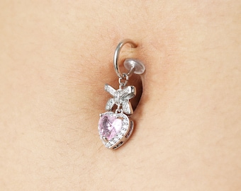 Pink CZ Heart Dangle Fake Belly Ring, Surgical Steel Non Piercing Jewelry