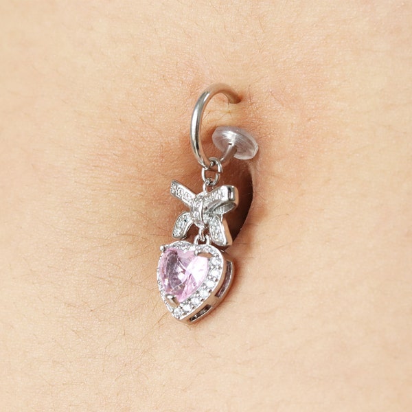 Faux nombril piercing, gros coeur cristal ventre Dangle bijoux, rose CZ Non Piercing ventre bijoux, anneau de ventre Non Piercing