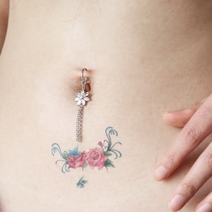 Flower Tassel Dangle Fake Belly Ring | No Pierce Belly Button Ring | Faux Belly piercing Jewelry | Sunflower Pendant Non piercing Belly Ring