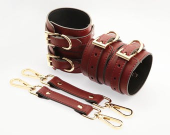 Burgundy Leather Wrist & Ankle Cuffs Set | Adjustable Leather Restraints with Gold Hardware | Bondage Accessories for Couples