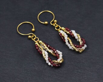 Gold Fake Nipple Rings Hoops, Non Piercing Clip Jewelry with Purple Jade Dangling (A Pair)