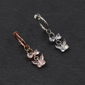 Butterfly Crystal Dangle Fake Belly Button Ring Jewelry, Navel Ring Clip, Unique Silver and Rose Gold Belly Ring, Faux Belly Piercing