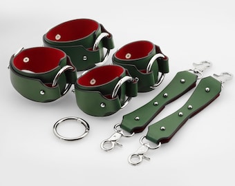 Leather Restraint Set with Adjustable Wrist and Ankle Cuffs – BDSM Leather Bondage Gear for Couples