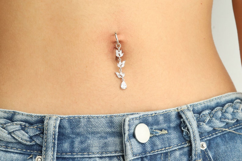 Leaf Drop Dangle Fake Belly Ring | No Pierce Belly Clamp | Big Zircon Faux Belly Button Ring 