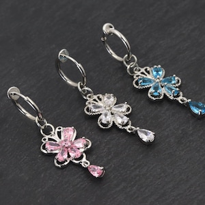 Fake Belly Button Piercing Rings, Dainty Dangle Navel Ring Hoop, Flower Crystal Dangling Navel Jewelry