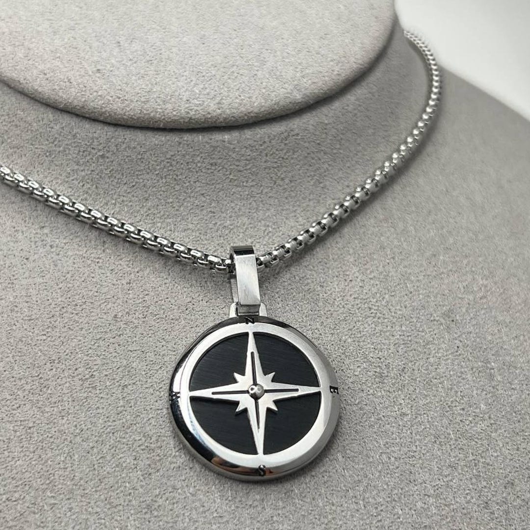 Stainless Steel Men's Compass Necklace | Silver and Black Charm Pendant ...