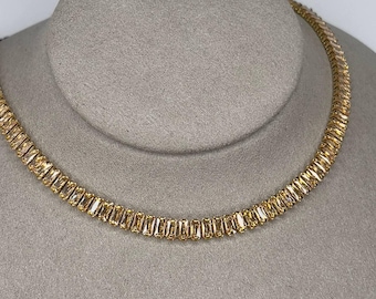 Crystal Tennis Necklace | Champagne Crystal Gold Metal Women's Stainless Steel Necklace | Baguette Crystal Luxury Necklace for Women