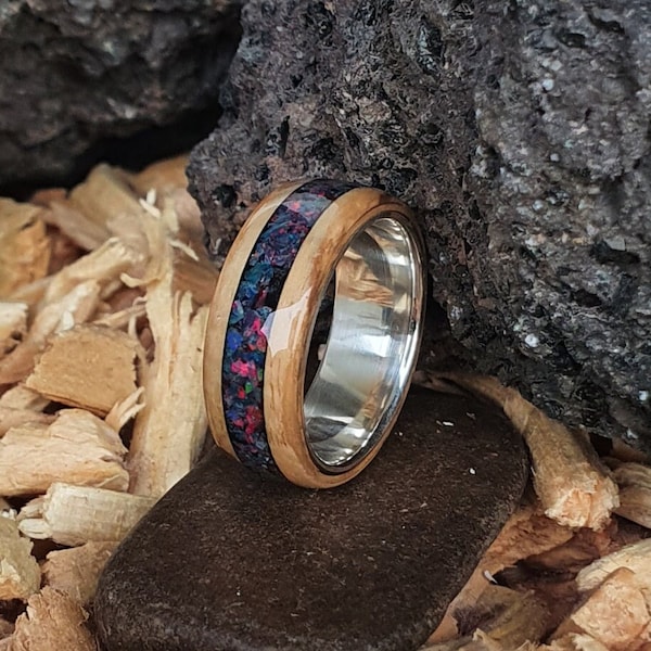 Bentwood ring real wood veneer ash and opal inlay