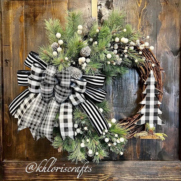 Frosted Christmas Wreath Buffalo Check Plaid Black White Bow, Christmas Tree Wreath, Front Door Christmas Wreath, Winter Wreath, Snow Wreath