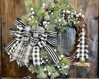 Frosted Christmas Wreath Buffalo Check Plaid Black White Bow, Christmas Tree Wreath, Front Door Christmas Wreath, Winter Wreath, Snow Wreath