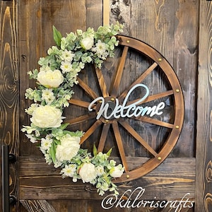 Farmhouse Peony Wagon Wheel Wreath, All Seasons Everyday Rustic Country Porch Wall Decor, YearRound Spring Summer Front Door Wheel Wreath