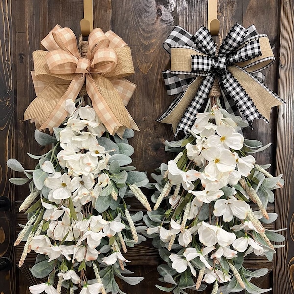 Lambs Ear Dogwood Spray Door Swag Decor, Everyday Hanging Greenery, Farmhouse Porch Light, Buffalo Plaid Check Country Teardrop Swag Wreath