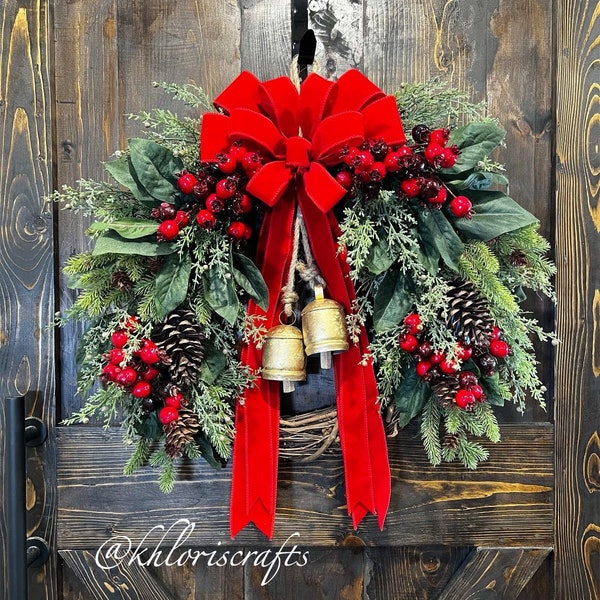 Christmas Wreath, Holiday Wreath, Gold Bells Wreath, Farmhouse Country Rustic Wreath, Wreath for Front Door, Red Christmas Berry Pine Wreath
