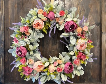 Lambs Ears Peony Wreath, Peonies Wreath for Front Door, Spring Summer Wreath, Valentine Wreath, Wreath for Front Door, Lambs Ears Wreath