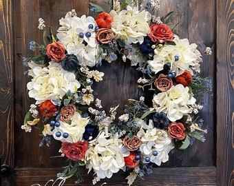 Hydrangea Pumpkin Fall Wreath, Front Door Wreath, Hydrangea  Pumpkins Peony Farmhouse Country Wreath, Peony Fall Wreath, Fall Wreath