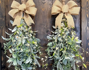 Door Swag, Lambs Ear Eucalyptus Floral Spray Bouquet Country Door Teardrop Swags Decor| Farmhouse Porch Light Burlap Bows Swags Decor