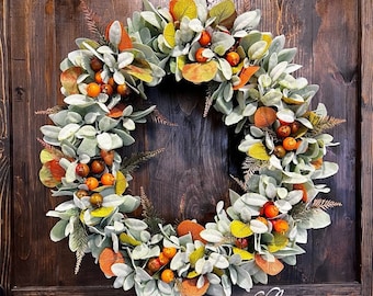 Lambs Ears Berry Fall Wreath, Front Door Wreath,Farmhouse Country Wreath, Autumn Wreath, Fall Wreath, Berry Fall Lambs Ears Wreath