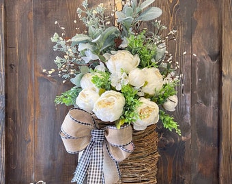 Peony Wreath, Peony Spring Basket, Summer Wreath, Peony Farmhouse Wreath, Wreath for Front Door, Basket Wreath, Home Decor, Flower Basket