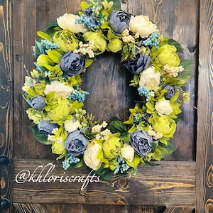 Dusty Blue Peony Wreath, Peonies Wreath, Everyday Wreath, Farmhouse Wreath, Country Wreath for Front Door, Spring Summer Wreath, Valentines