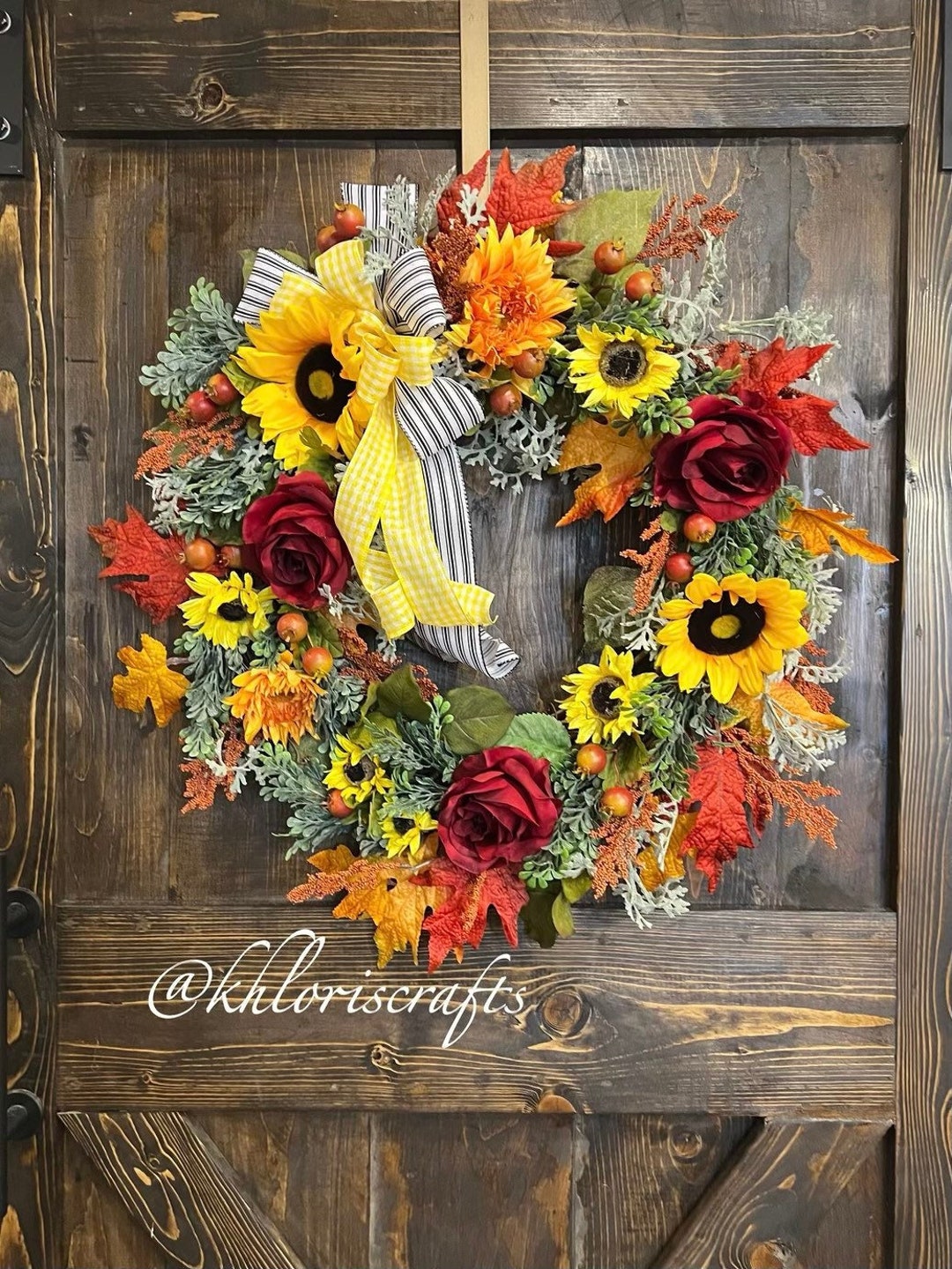 Yellow Sunflower Red Rose Boxwood Fall Wreath, Rustic Country Floral ...