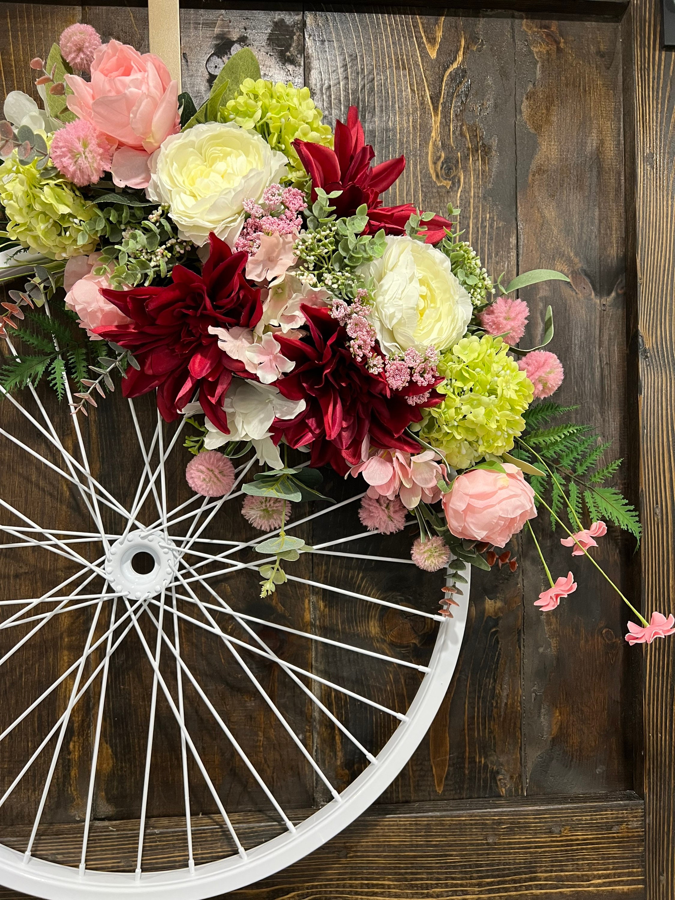 Dahlia Rose Mixed Florals on a Bicycle Wheel Rim Summer Wreath | Porch ...