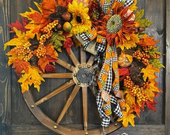 Happy Harvest Sunflower Pumpkin Pinecone Buffalo Check Farmhouse Wagon Wheel Fall Wreath, Fall Country Thanksgiving Wall Front Door Decor