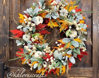 Lambs Ears Fall Wreath, Pumpkin Wreath, Fall Wreath, Front Door Wreath, Farmhouse Wreath, Thanksgiving Wreath, Festive Wreath, Autumn Wreath