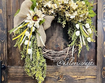 Hydrangea Farmhouse Wreath, Hydrangea Wreath, Front Door Wreath, Country Rustic Wreath, Everyday Wreath, Farmhouse Wreath, Fireplace Porch