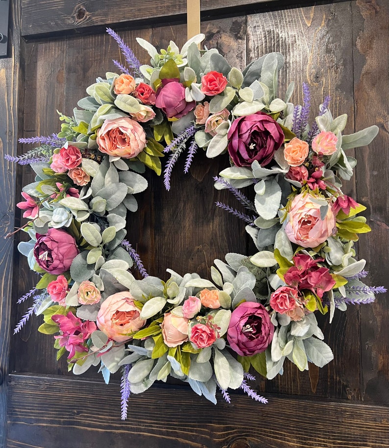 Lambs Ears Peony Wreath, Peonies Wreath for Front Door, Spring Summer ...