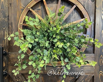 Farmhouse Greenery Wagon Wheel Wreath, Year Round Wreath, Everyday Wreath, All seasons Wreath, Wreath for Front Door, Country Wall Decor