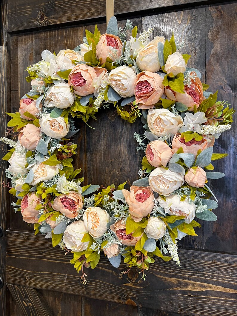 Lambs Ears Peony Wreath, Peonies Wreath for Front Door, Spring Summer ...