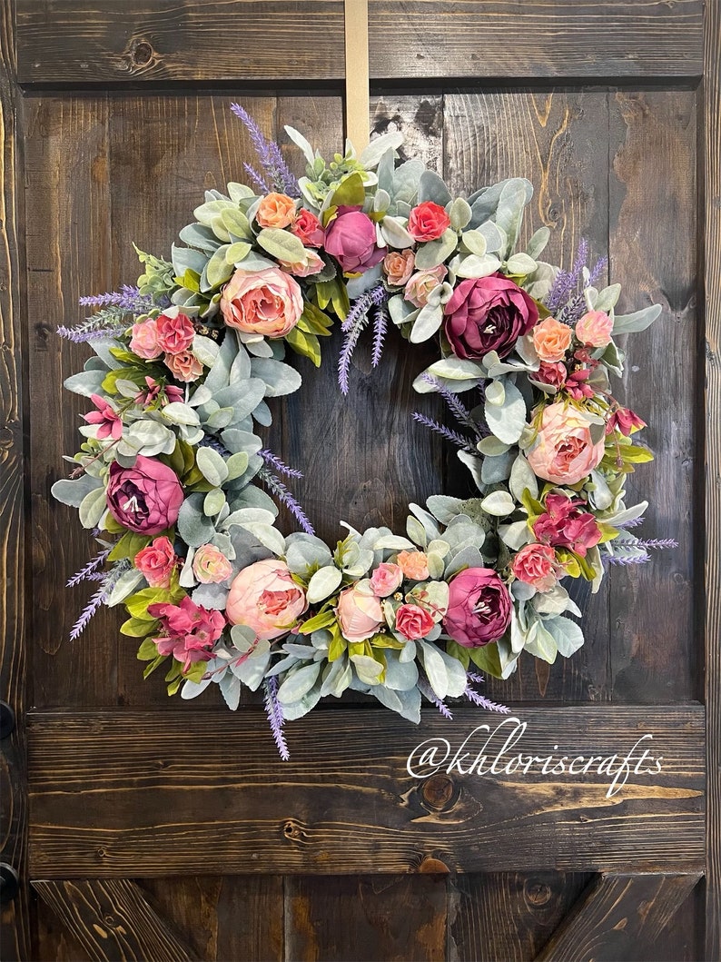 Lambs Ears Peony Wreath, Peonies Wreath for Front Door, Spring Summer ...