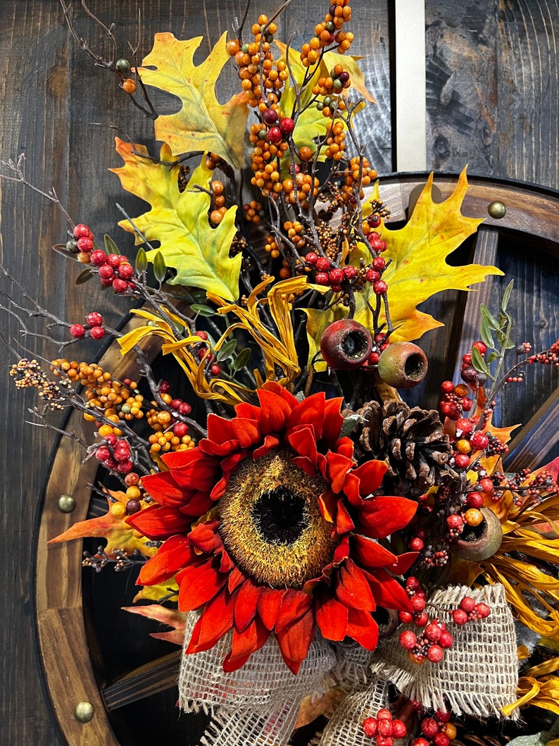 Sunflower Pinecone Farmhouse Wagon Wheel Fall Wreath, Fall Country ...