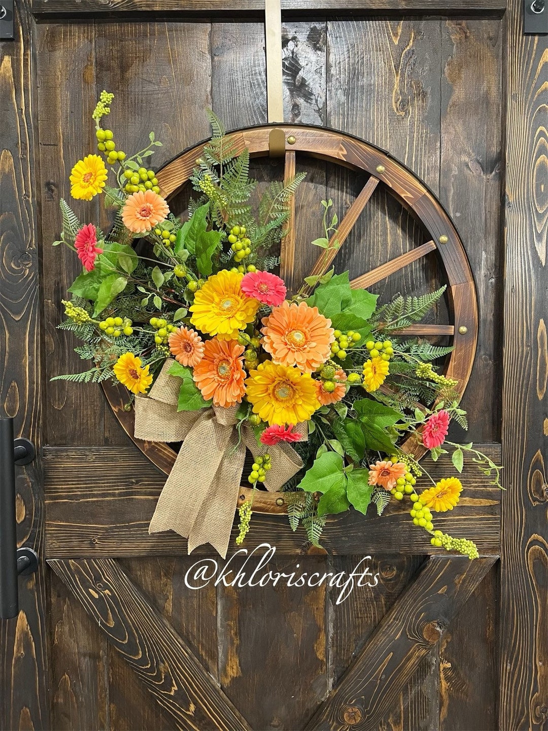 Gerbera Daisy Wagon Wheel Wreath, Spring Summer Wreath, Front Door ...